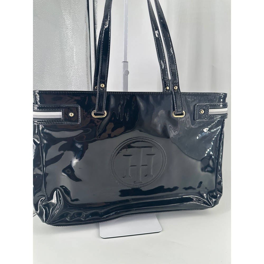 Tommy Hilfiger Black Patent Faux Leather Tote Bag Embossed Logo Gold Hardware